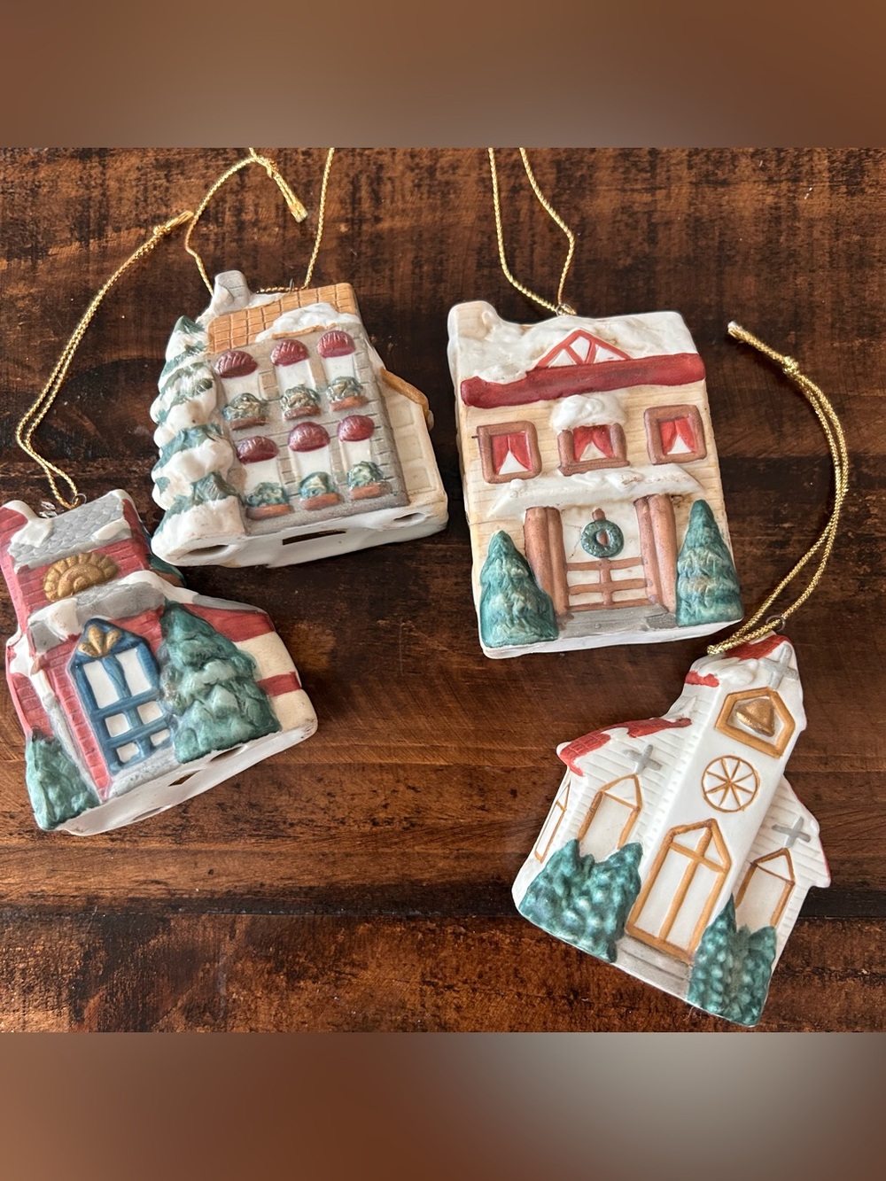 4 Vintage 1987 Enesco Ceramic Christmas Ornaments Church Houses